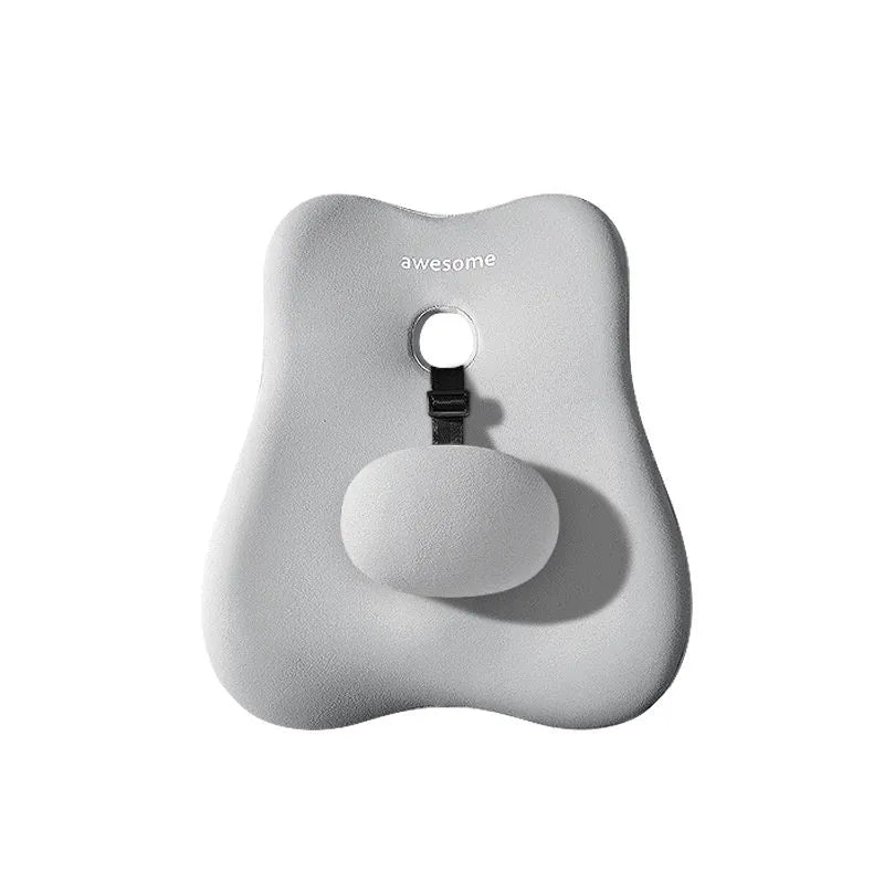 Car lumbar support pillow with memory foam filler in imitation brocade cotton fabric, shown in a grey colour variant.