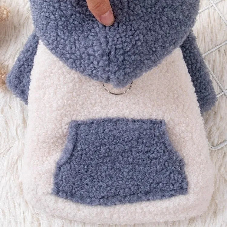 A brown hooded cotton-padded coat for a dog, shown from the side.
