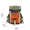 Orange green contrast colour outdoor backpack with multiple compartments and air cushion belt system.