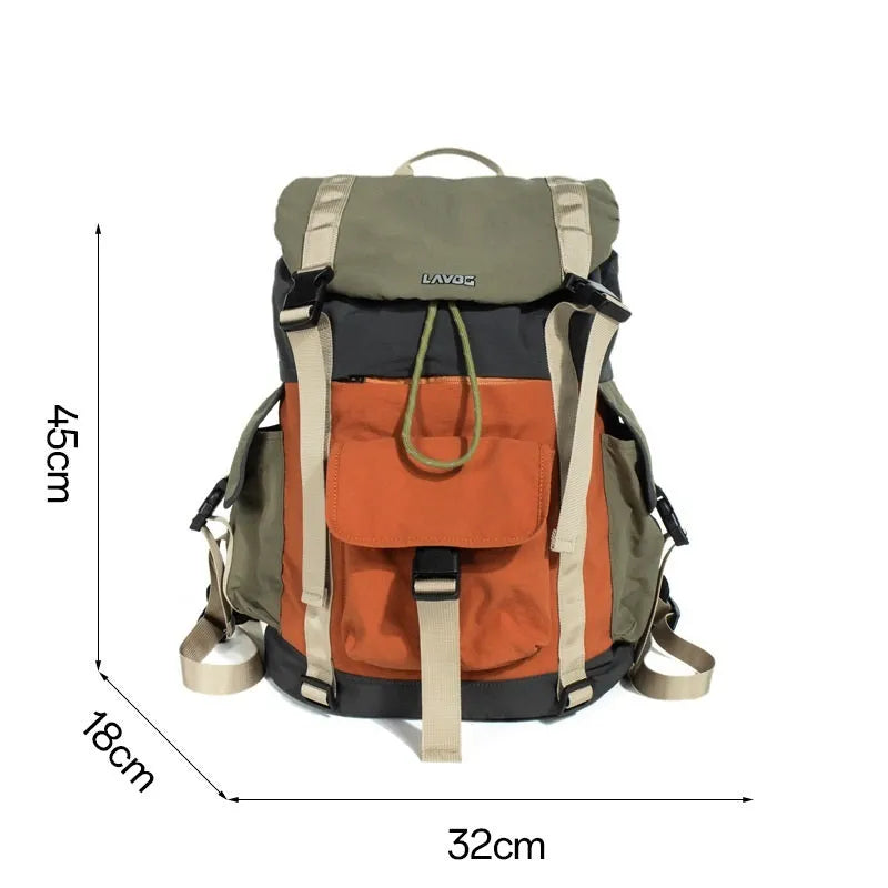 Orange green contrast colour outdoor backpack with multiple compartments and air cushion belt system.