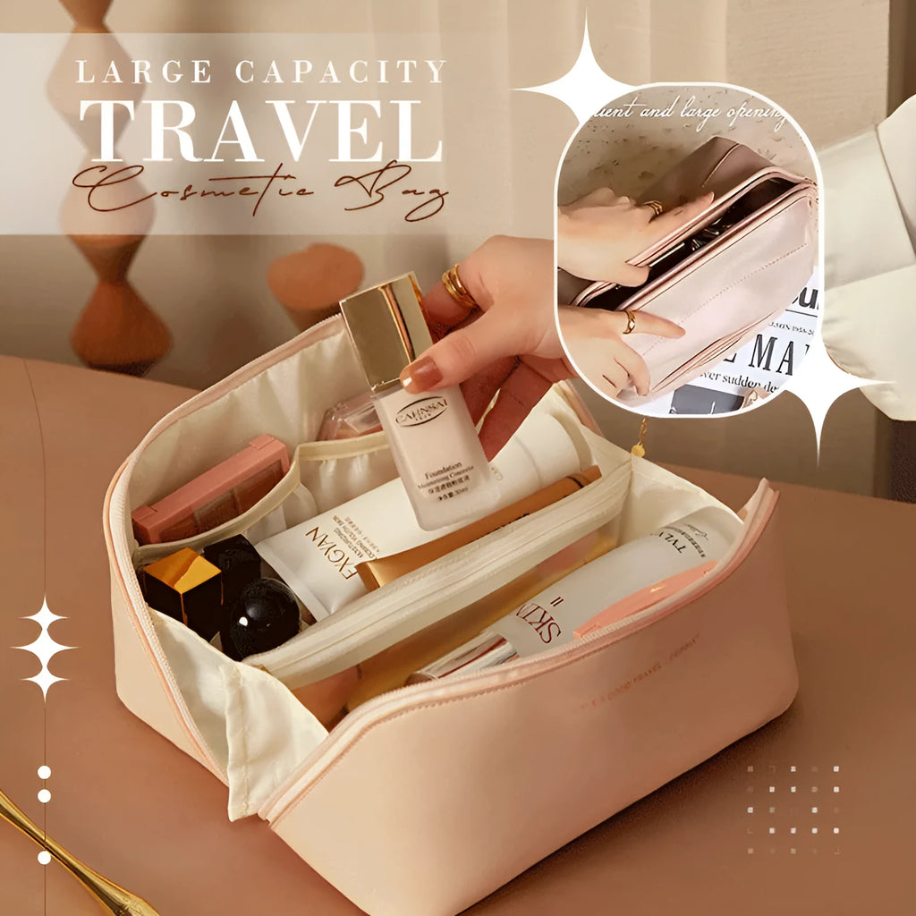 Large capacity PU leather travel cosmetic bag with handle, double-layer design, wire-inserted opening, black colour