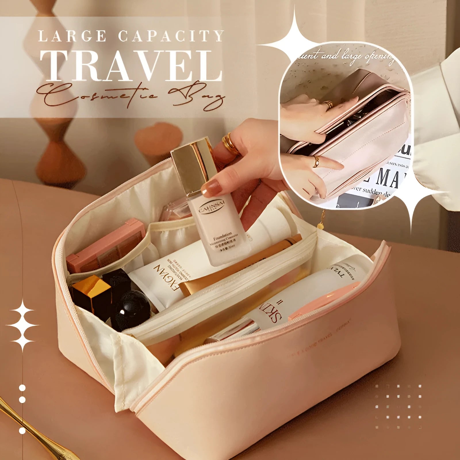 Large capacity PU leather travel cosmetic bag with handle, double-layer design, wire-inserted opening, black colour
