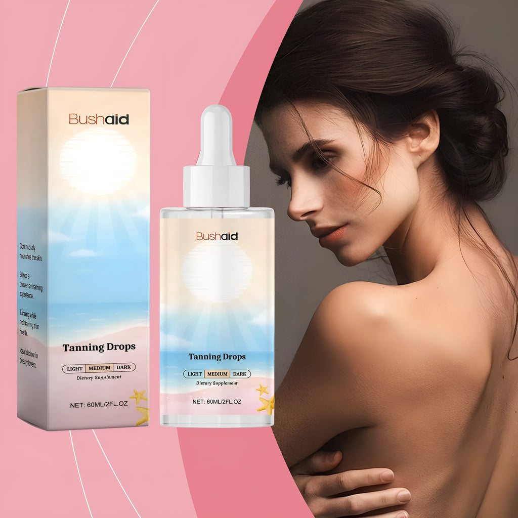 60ml tanning drops in white packaging with dropper for no-sunlight application