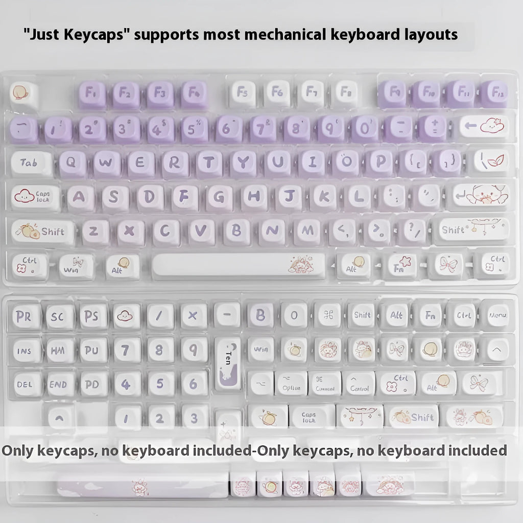 Set of gradient purple PBT keycaps with detailed rabbit character artwork for mechanical keyboards.