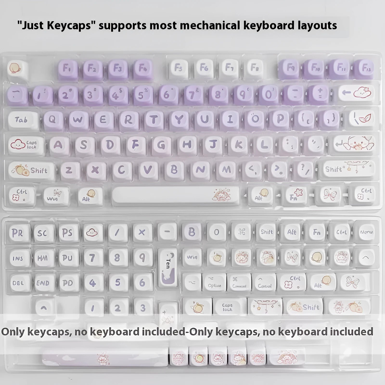 Set of gradient purple PBT keycaps with detailed rabbit character artwork for mechanical keyboards.