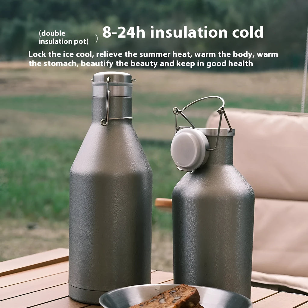 Large stainless steel outdoor thermal pot shown in single-layer and insulated double-layer versions.