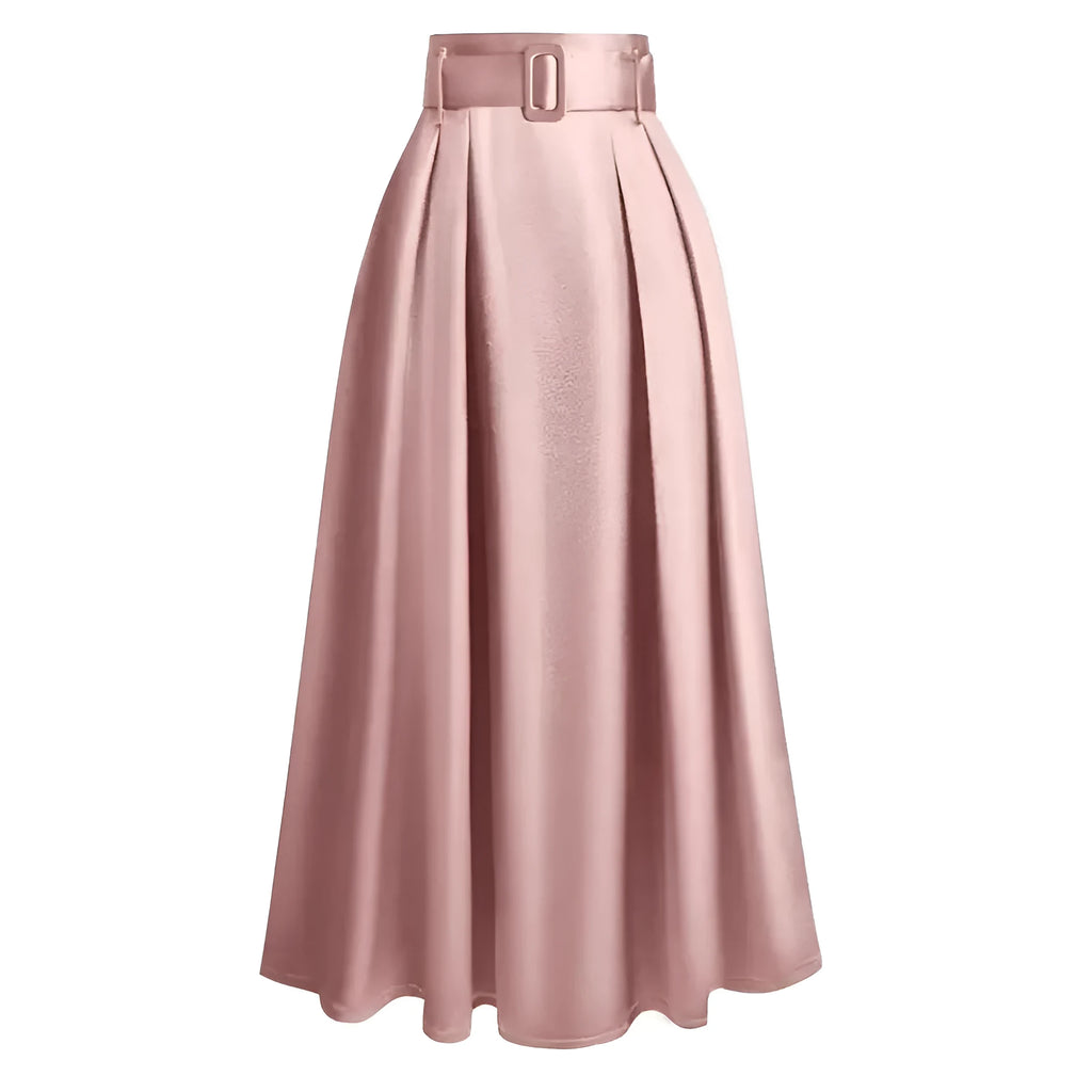 Women's high waist pure color satin skirt with lace-up detail in black, front view