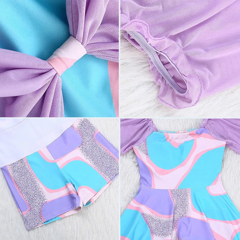 Women's high-waist floral one-piece swimsuit in light purple or light blue pattern for swimming
