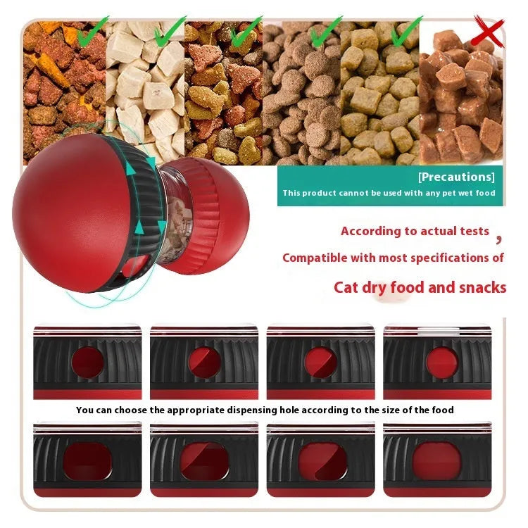 Super ball coloured plastic rotating cat toy with sound feature for food dispensing.