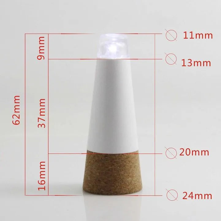 White plastic LED bottle cap light with 15 LEDs, shown on a wine bottle neck for decoration.