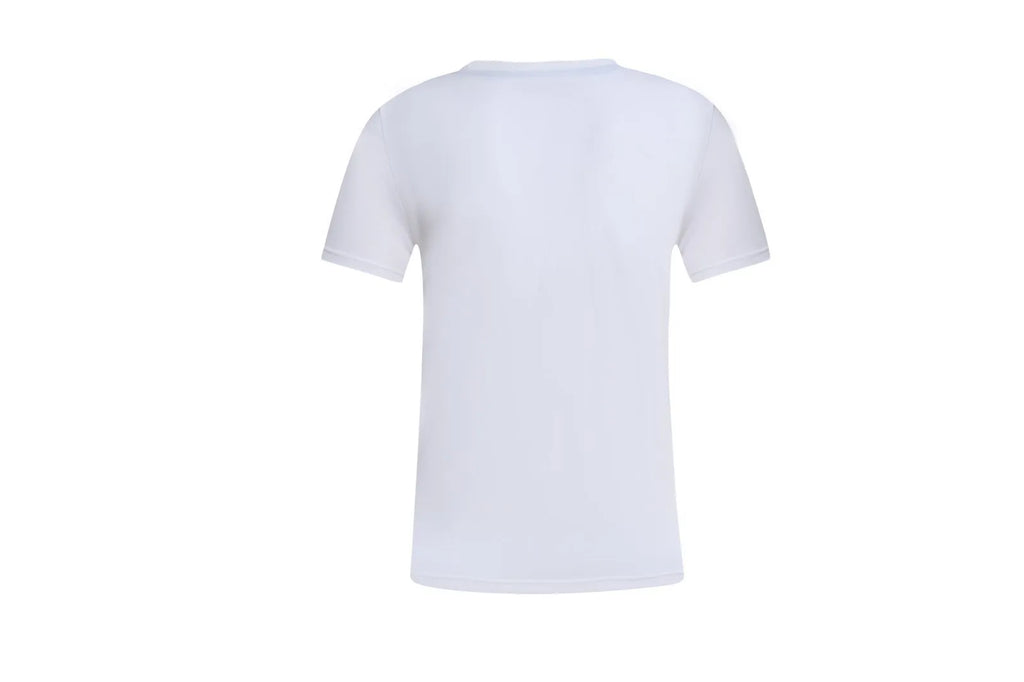 White cotton T-shirt overalls with a round neck and short sleeves, shown in a loose pullover style.