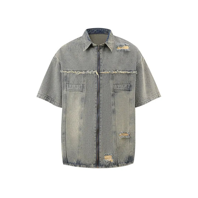Denim overall suit matching set with short sleeve top and trousers in street fashion style