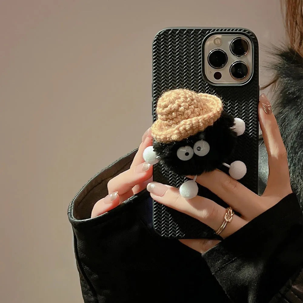 Autumn winter plush coal ball phone case soft TPU for iPhone models black white