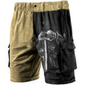 Man wearing loose blue cotton shorts with 3D digital printed college design on the leg.