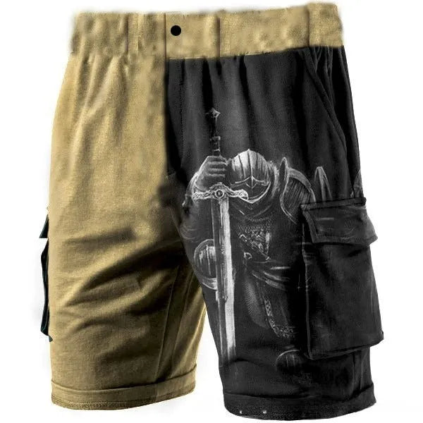 Man wearing loose blue cotton shorts with 3D digital printed college design on the leg.