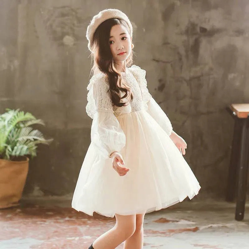 Children's long-sleeved princess dress in apricot with lace top and petticoat skirt