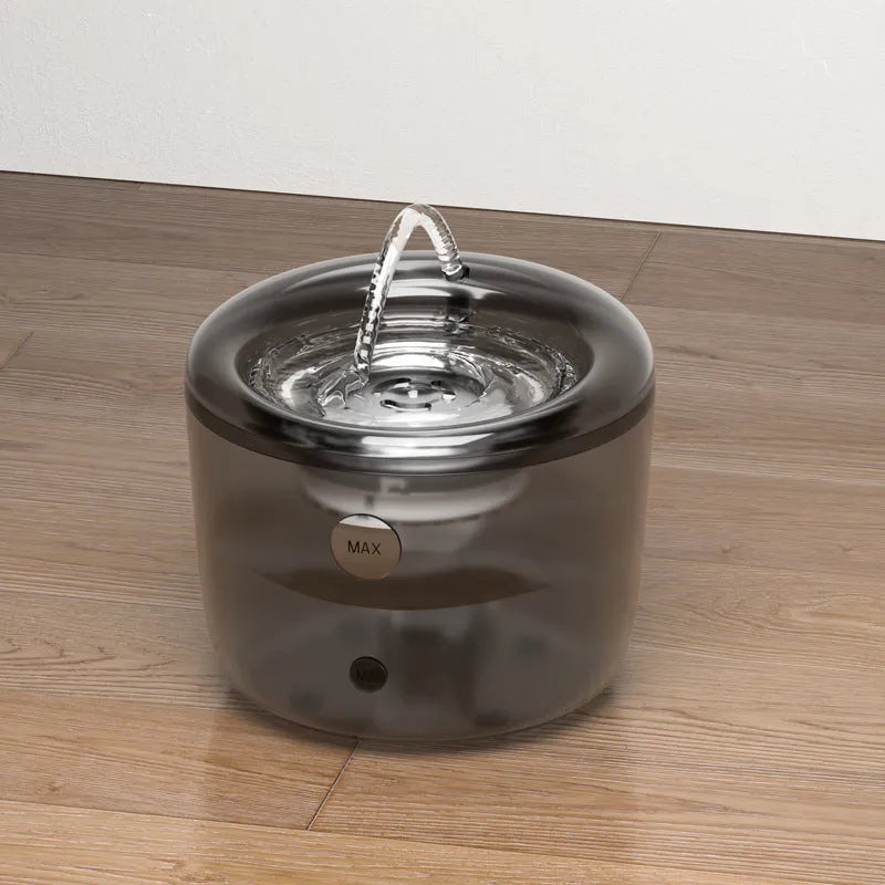 Grey automatic circulating filter water fountain for dogs and cats with USB power cable