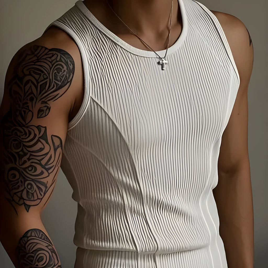 Men's tight black polyester tank top with American stitching, shown from the front.