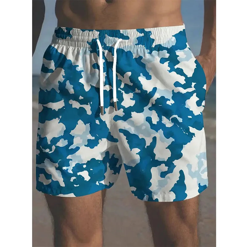 Men's polyester beach shorts with elastic waistband and printed streetwear design in multiple colour options