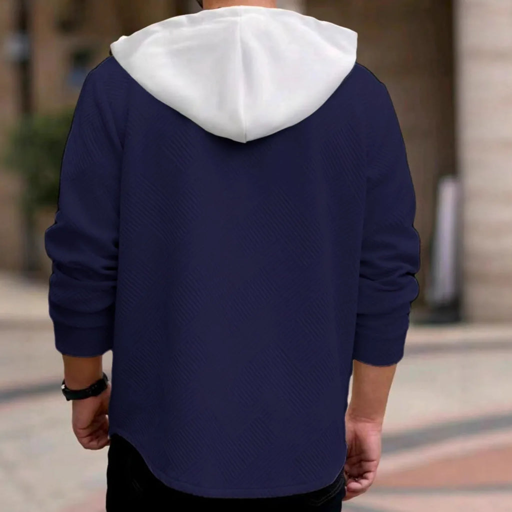Men's casual sporty colour-block hooded button-up polyester jacket in khaki with pockets, front view