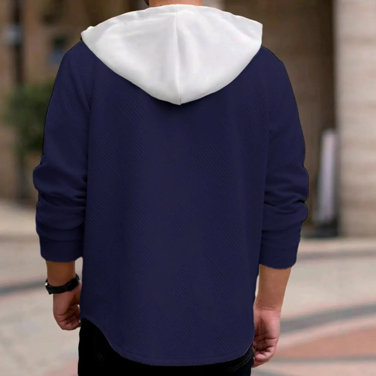 Men's casual sporty colour-block hooded button-up polyester jacket in khaki with pockets, front view