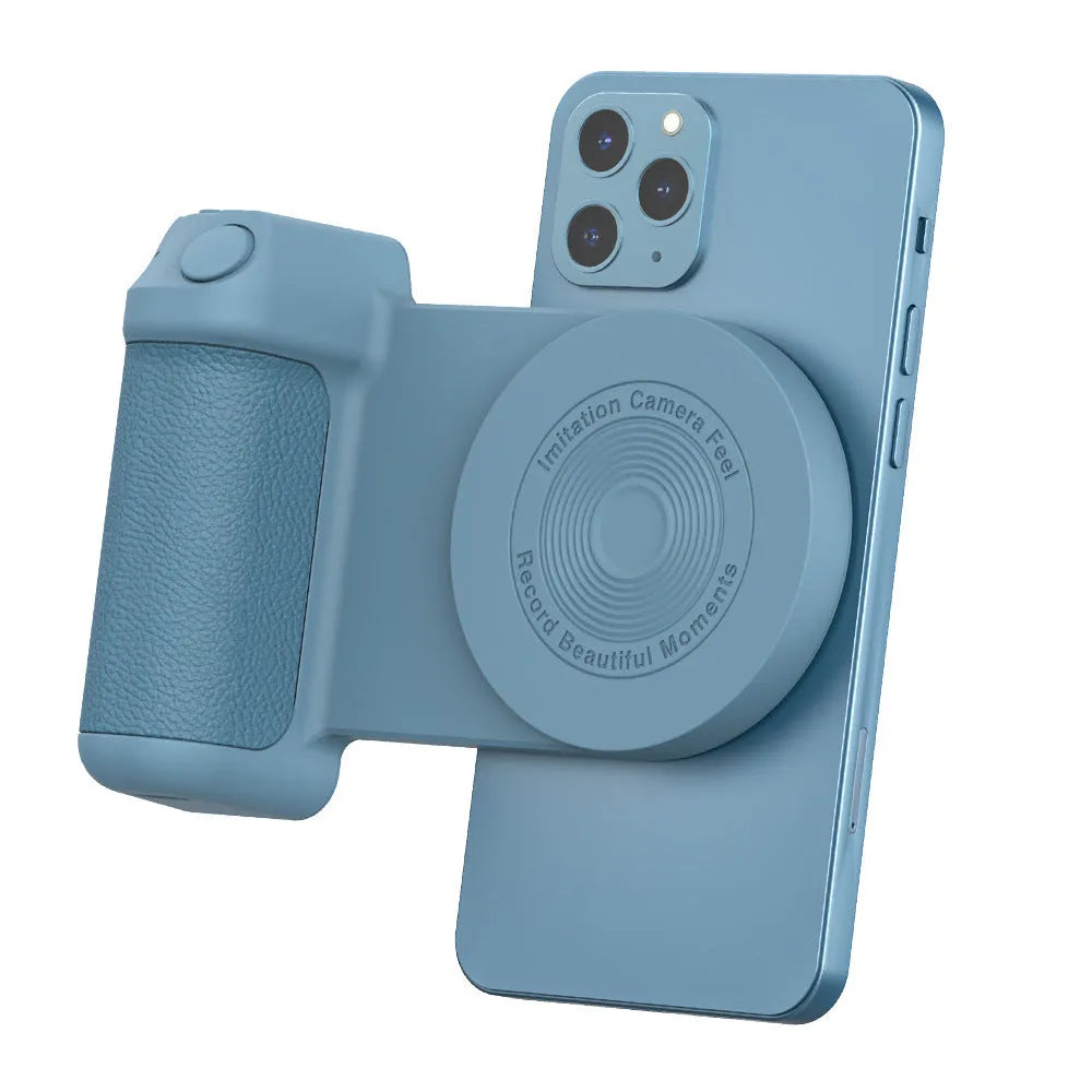 Black multifunctional phone camera holder with magnetic suction and rotatable stand on a table.