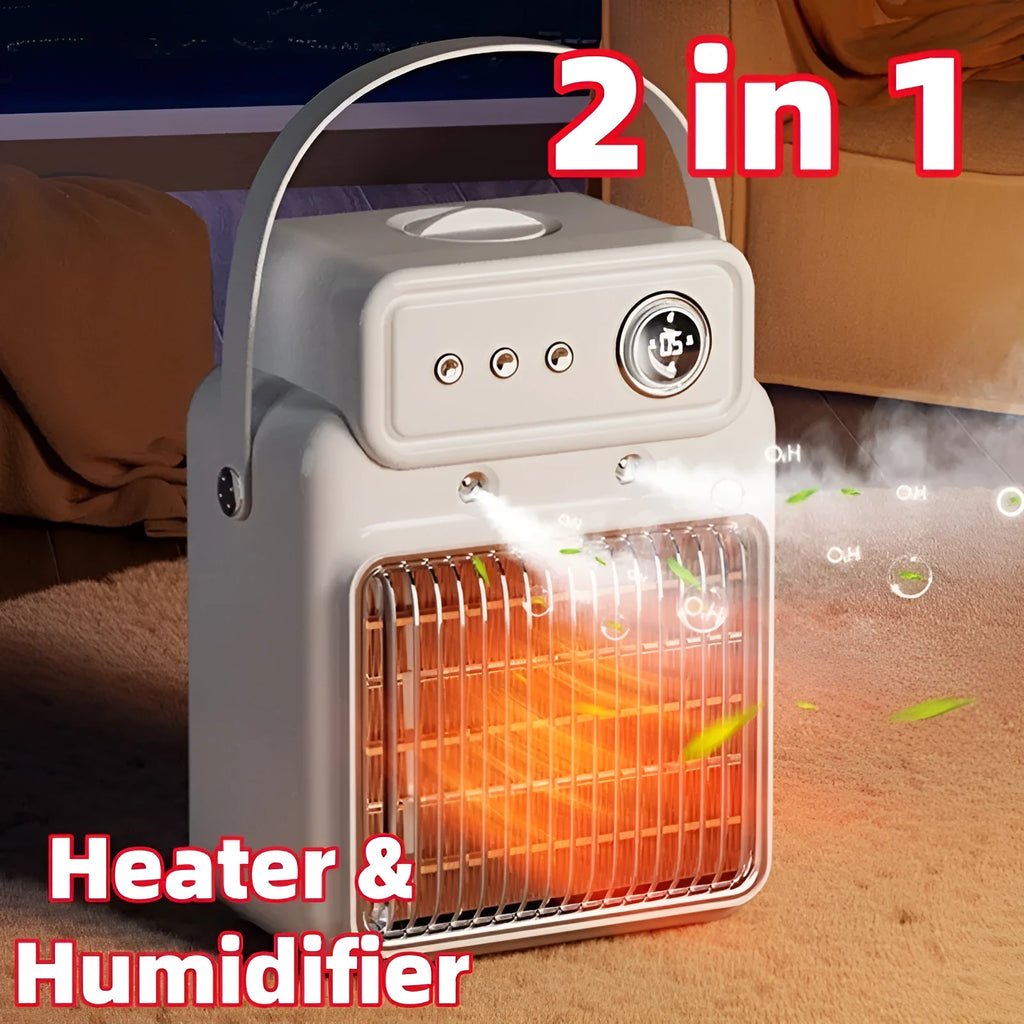 White portable table heater with humidifier function and digital control panel.