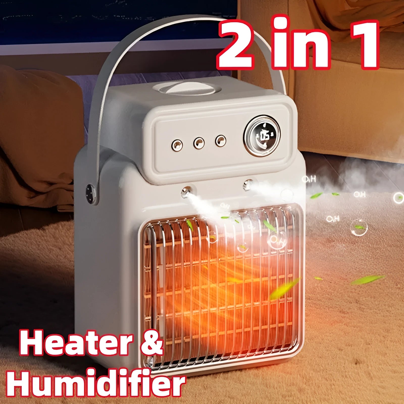 White portable table heater with humidifier function and digital control panel.
