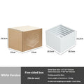 Set of six white plastic dessert display stands arranged on a tabletop.
