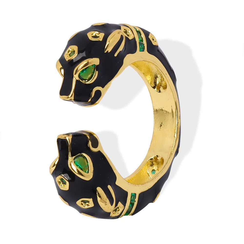 Geometric open ring with black cheetah oil drip print, size 7, on a copper band.