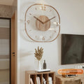Transparent wooden frame wall clock with modern design showing 35cm square dimensions