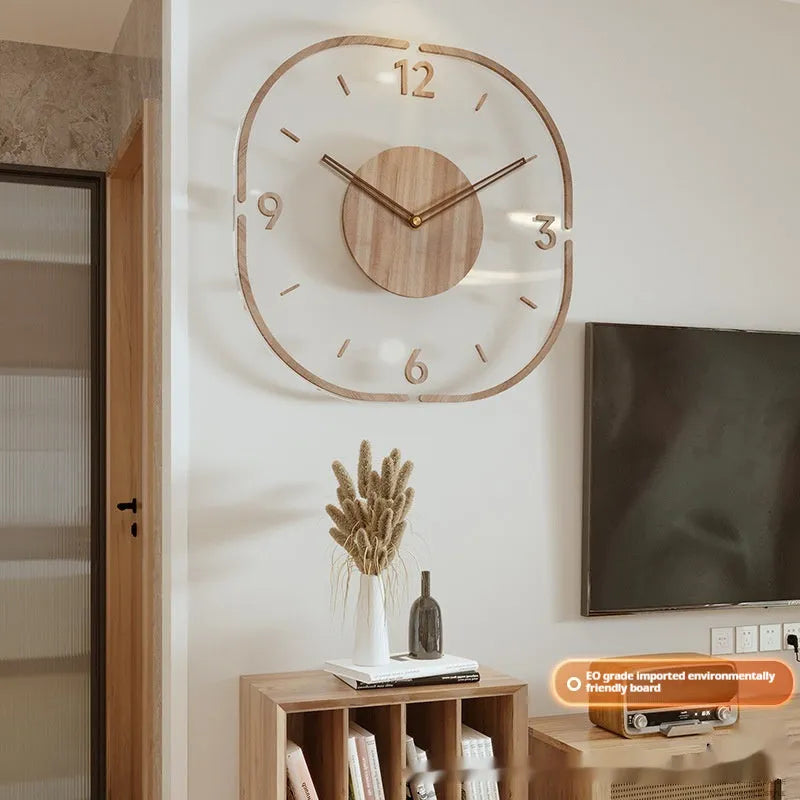 Transparent wooden frame wall clock with modern design showing 35cm square dimensions