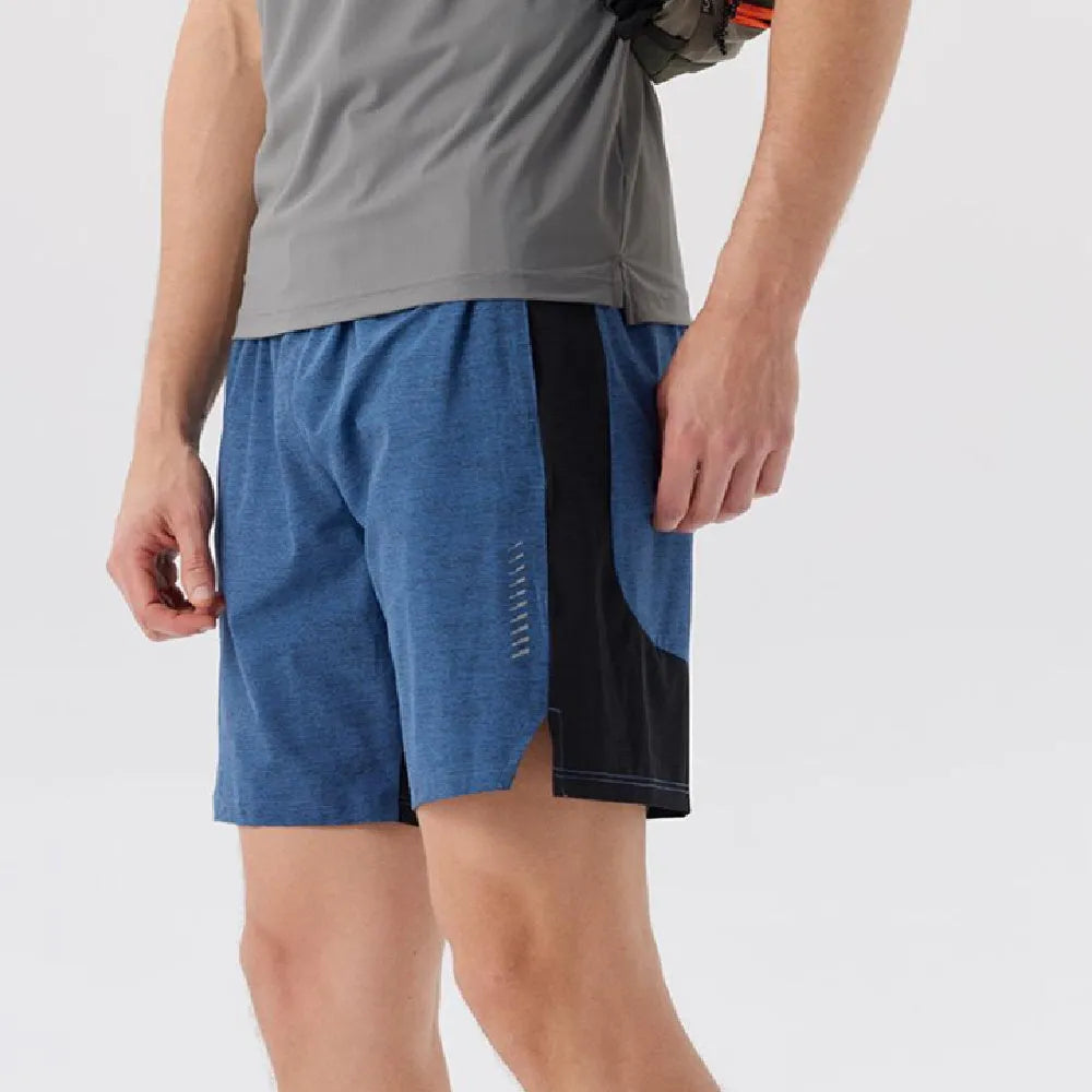 Men's forest green spandex casual shorts with a five-point design and mid-waist fit on a grey background.