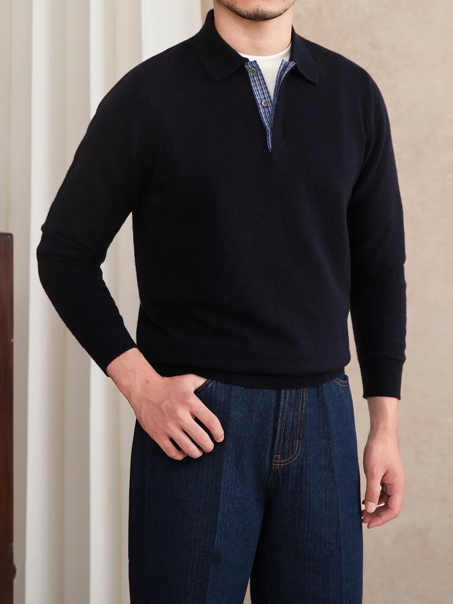 Slim-fit lapel polo shirt in dark blue, wool knitted long sleeve pullover with button placket