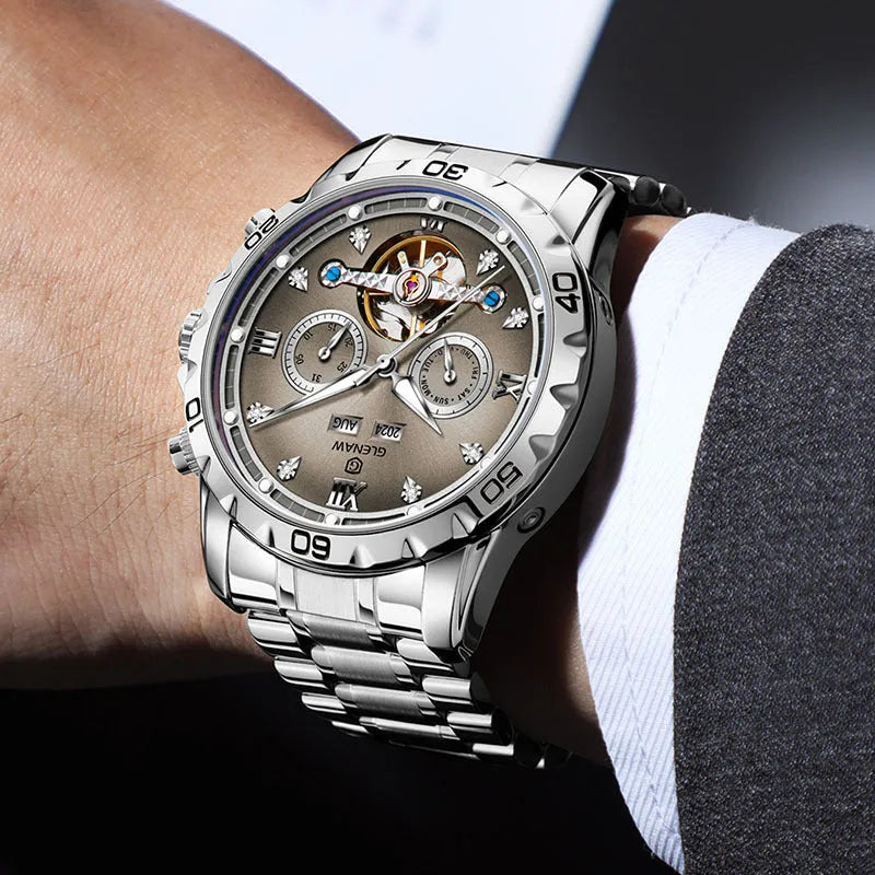 Men's automatic mechanical watch with stainless steel strap and silver case.