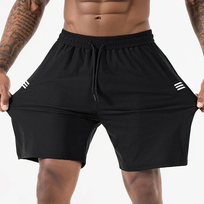 Men's black ice silk quick-drying sports shorts with high waist and cropped length on a plain background.