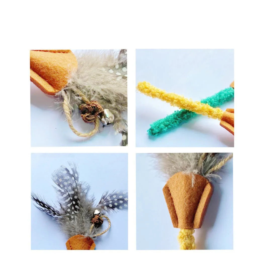 Four polygonum wood cat chew sticks with gall fruit texture in green and yellow colours
