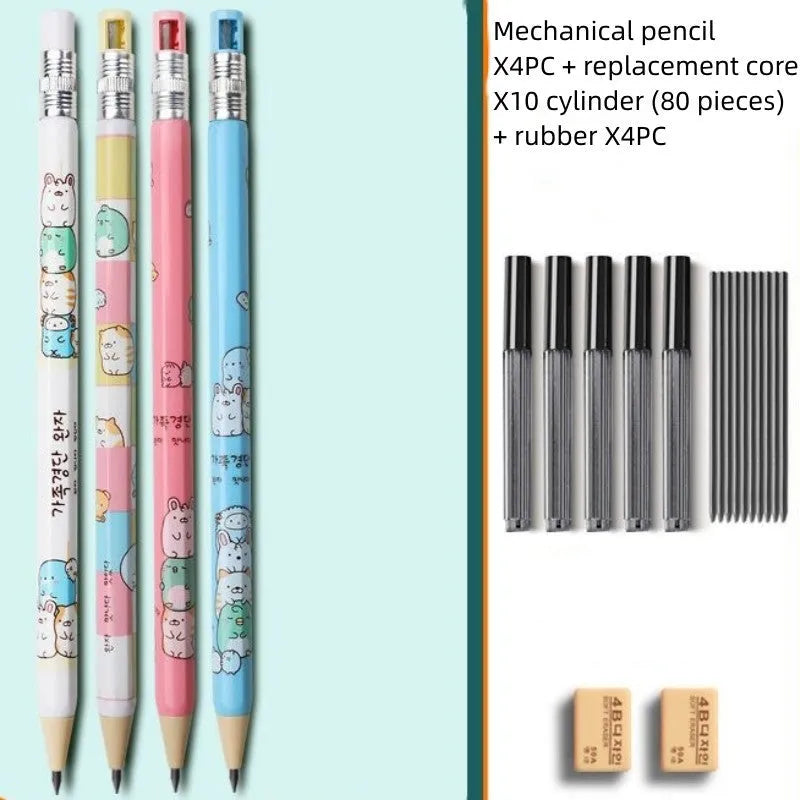 Children's mechanical pencils with cartoon designs showing 2.0 mm lead thickness for school writing