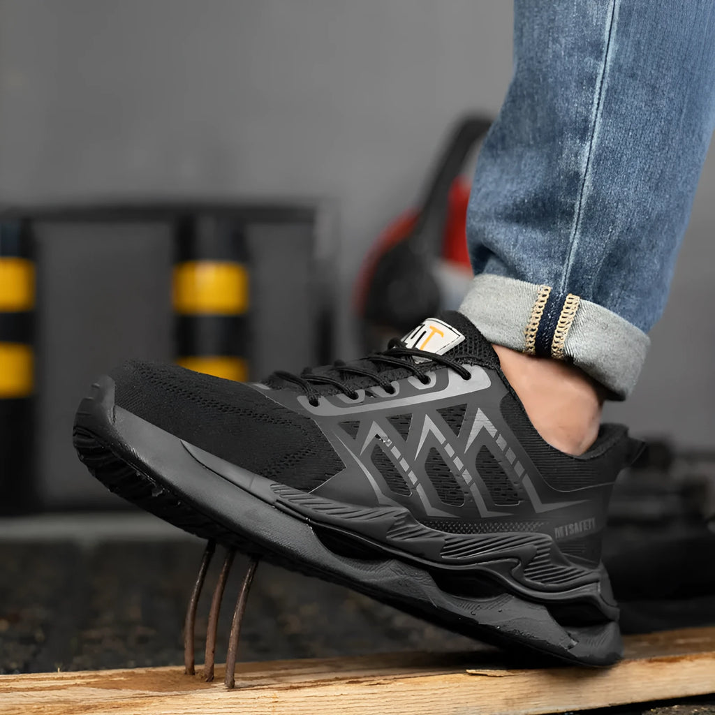 Black steel toe cap safety shoes with flat knitted uppers and front lace-up closure