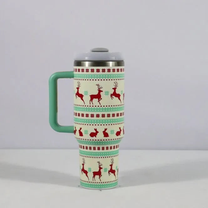 Christmas pattern stainless steel vacuum tumbler with handle and straw lid