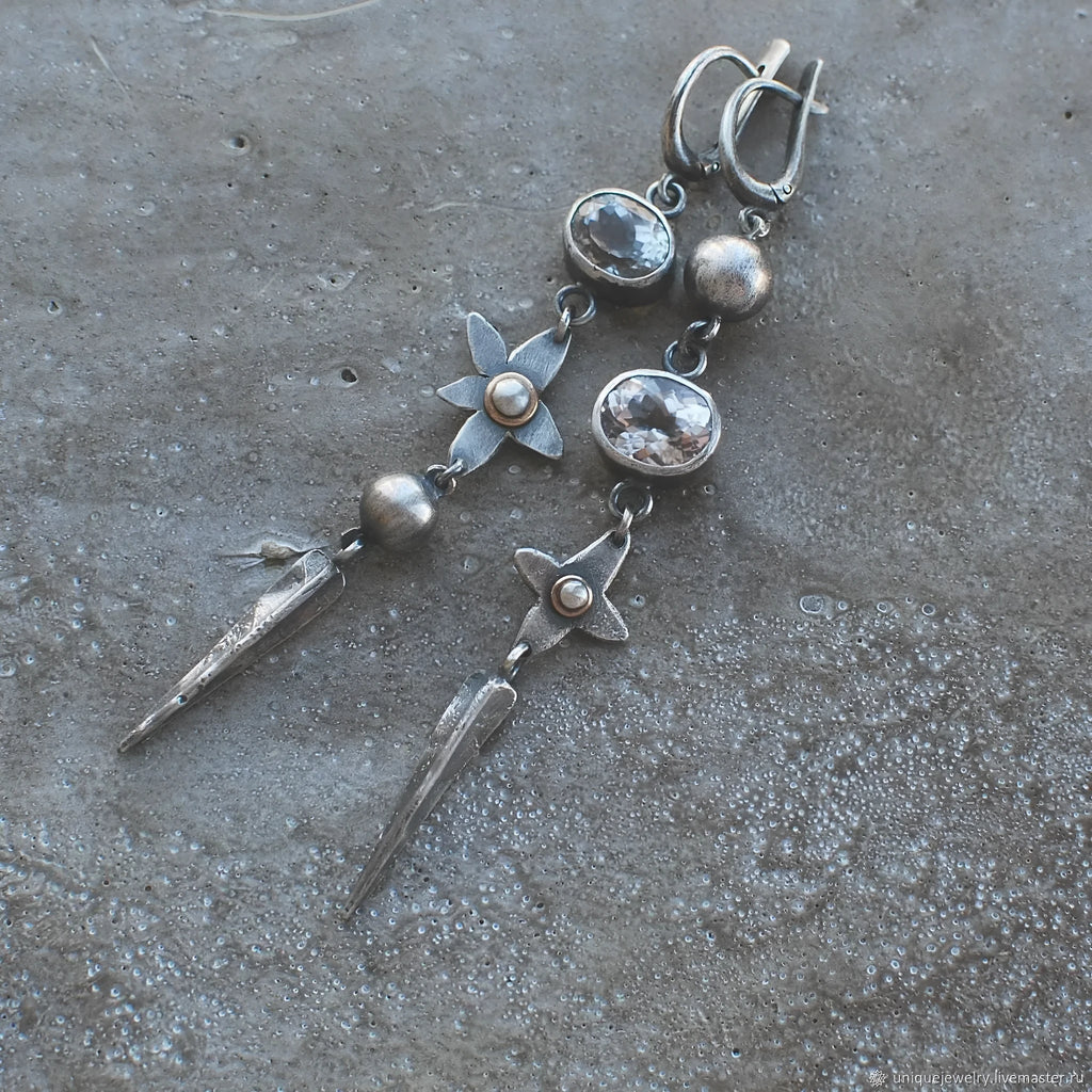 Geometric antique silver XINGX pendant earrings with long rhinestone detailing