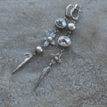 Geometric antique silver XINGX pendant earrings with long rhinestone detailing