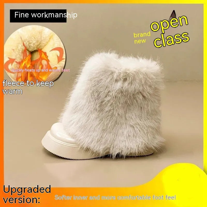 Women's black artificial plush snow boots with a waterproof rubber sole and fleece lining.
