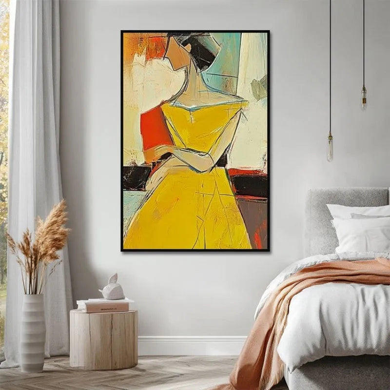 Hand-painted abstract people oil painting in brown and yellow tones on canvas, vintage wabi sabi style