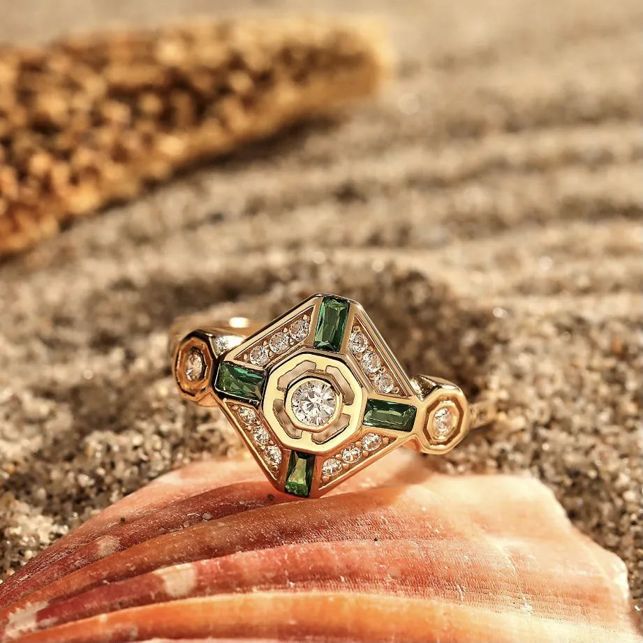 Square geometric ins-style gem ring for women in lvzuan colour, shown on a finger.