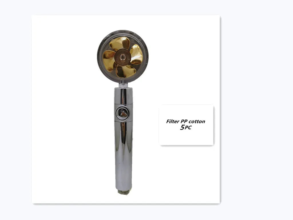 Blue handheld shower head with stop button and turbo nozzle on a chrome bracket.