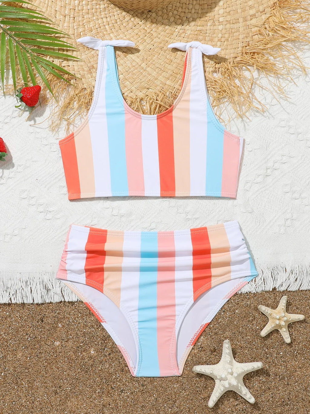 Girls' plaid print two-piece swimsuit briefs set with a bra top, made from polyester.