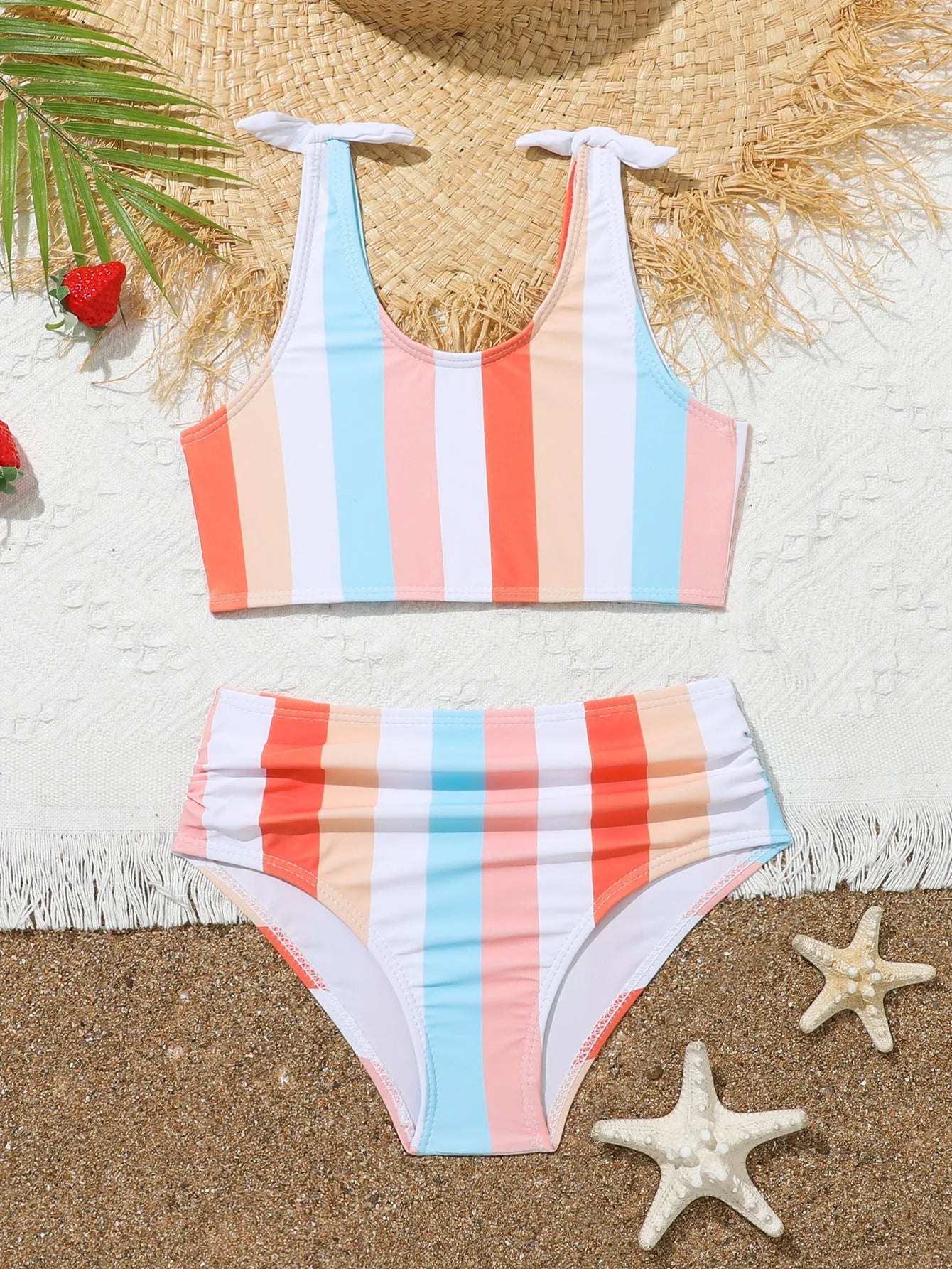 Girls' plaid print two-piece swimsuit briefs set with a bra top, made from polyester.