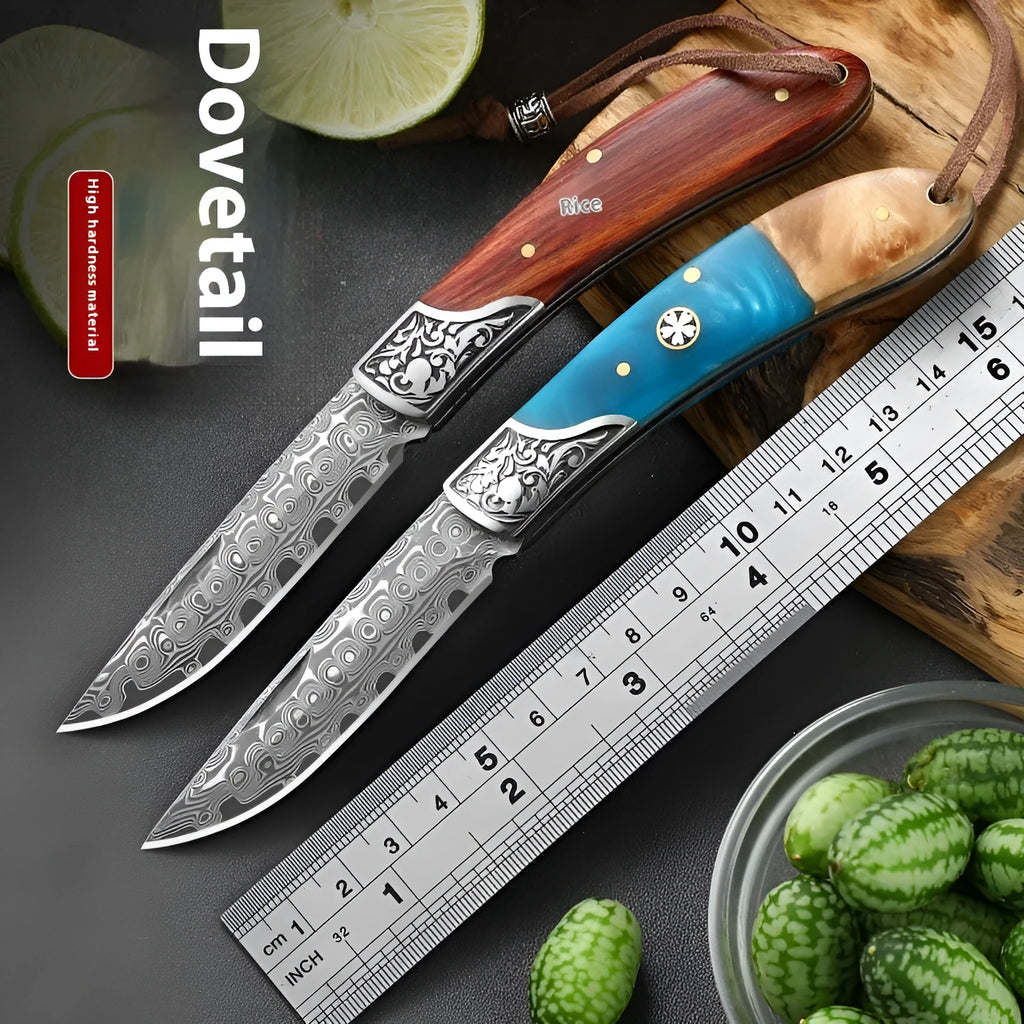 VG10 folding portable mini outdoor knife showing stainless steel blade and handmade national style construction