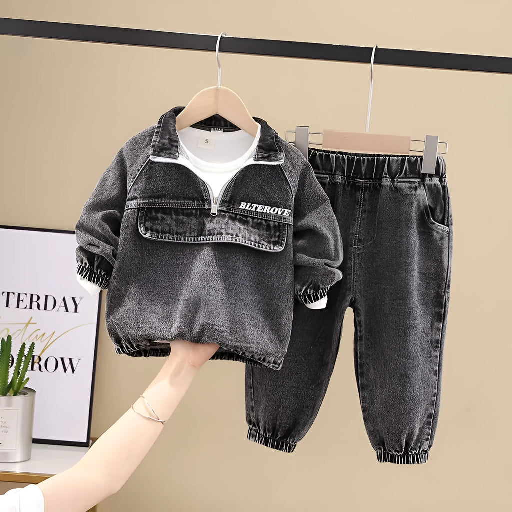 Boys wearing a black or blue denim two-piece suit set with long sleeves, Korean style.